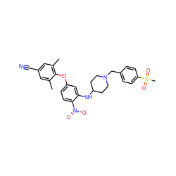 Cc1cc(C#N)cc(C)c1Oc1ccc([N+](=O)[O-])c(NC2CCN(Cc3ccc(S(C)(=O)=O)cc3)CC2)c1 ZINC000103230403