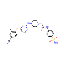 Cc1cc(C#N)cc(C)c1Oc1ccnc(NC2CCN(CC(=O)Nc3ccc(S(N)(=O)=O)cc3)CC2)n1 ZINC000299852868