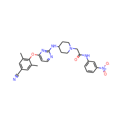 Cc1cc(C#N)cc(C)c1Oc1ccnc(NC2CCN(CC(=O)Nc3cccc([N+](=O)[O-])c3)CC2)n1 ZINC000299851367