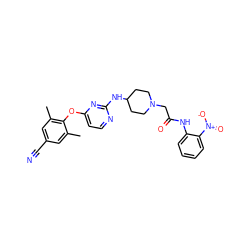 Cc1cc(C#N)cc(C)c1Oc1ccnc(NC2CCN(CC(=O)Nc3ccccc3[N+](=O)[O-])CC2)n1 ZINC000299852070