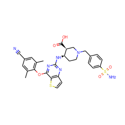 Cc1cc(C#N)cc(C)c1Oc1nc(N[C@@H]2CCN(Cc3ccc(S(N)(=O)=O)cc3)C[C@@H]2C(=O)O)nc2ccsc12 ZINC001772651612