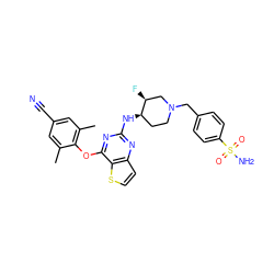 Cc1cc(C#N)cc(C)c1Oc1nc(N[C@@H]2CCN(Cc3ccc(S(N)(=O)=O)cc3)C[C@@H]2F)nc2ccsc12 ZINC001772615532