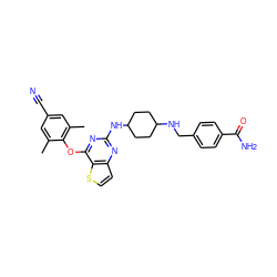 Cc1cc(C#N)cc(C)c1Oc1nc(NC2CCC(NCc3ccc(C(N)=O)cc3)CC2)nc2ccsc12 ZINC001772619963