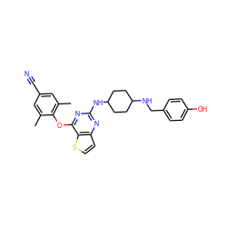 Cc1cc(C#N)cc(C)c1Oc1nc(NC2CCC(NCc3ccc(O)cc3)CC2)nc2ccsc12 ZINC001772575006