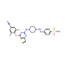 Cc1cc(C#N)cc(C)c1Oc1nc(NC2CCC(NCc3ccc(S(N)(=O)=O)cc3)CC2)nc2ccsc12 ZINC001772601752