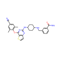 Cc1cc(C#N)cc(C)c1Oc1nc(NC2CCC(NCc3cccc(C(N)=O)c3)CC2)nc2ccsc12 ZINC001772576800