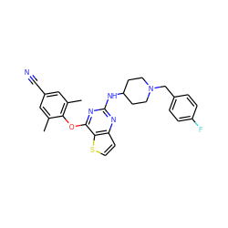 Cc1cc(C#N)cc(C)c1Oc1nc(NC2CCN(Cc3ccc(F)cc3)CC2)nc2ccsc12 ZINC001772580069