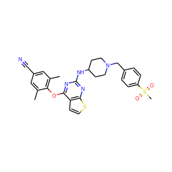 Cc1cc(C#N)cc(C)c1Oc1nc(NC2CCN(Cc3ccc(S(C)(=O)=O)cc3)CC2)nc2sccc12 ZINC001772605417