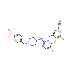 Cc1cc(C#N)cc(C)c1Oc1nc(NC2CCN(Cc3ccc(S(C)(=O)=O)cc3)CC2)ncc1Br ZINC000053293932