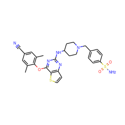 Cc1cc(C#N)cc(C)c1Oc1nc(NC2CCN(Cc3ccc(S(N)(=O)=O)cc3)CC2)nc2ccsc12 ZINC001772603592