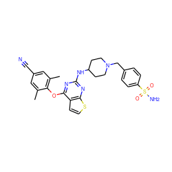 Cc1cc(C#N)cc(C)c1Oc1nc(NC2CCN(Cc3ccc(S(N)(=O)=O)cc3)CC2)nc2sccc12 ZINC001772644971