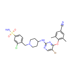 Cc1cc(C#N)cc(C)c1Oc1nc(NC2CCN(Cc3ccc(S(N)(=O)=O)cc3Cl)CC2)ncc1Br ZINC000053296269