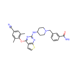 Cc1cc(C#N)cc(C)c1Oc1nc(NC2CCN(Cc3cccc(C(N)=O)c3)CC2)nc2sccc12 ZINC001772609599