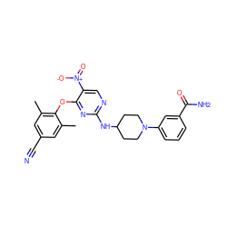 Cc1cc(C#N)cc(C)c1Oc1nc(NC2CCN(c3cccc(C(N)=O)c3)CC2)ncc1[N+](=O)[O-] ZINC000064548430