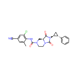 Cc1cc(C#N)cc(Cl)c1NC(=O)N1CCN2C(=O)N([C@H]3C[C@@H]3c3ccccc3)C(=O)[C@@H]2C1 ZINC000072176713