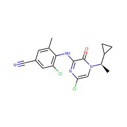 Cc1cc(C#N)cc(Cl)c1Nc1nc(Cl)cn([C@H](C)C2CC2)c1=O ZINC000043074429