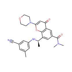 Cc1cc(C#N)cc(N[C@H](C)c2cc(C(=O)N(C)C)cc3c(=O)cc(N4CCOCC4)oc23)c1 ZINC000116735555