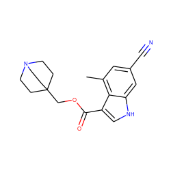 Cc1cc(C#N)cc2[nH]cc(C(=O)OCC34CCN(CC3)CC4)c12 ZINC001772578798