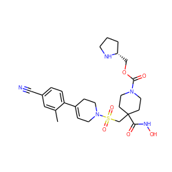 Cc1cc(C#N)ccc1C1=CCN(S(=O)(=O)CC2(C(=O)NO)CCN(C(=O)OC[C@H]3CCCN3)CC2)CC1 ZINC000029040151