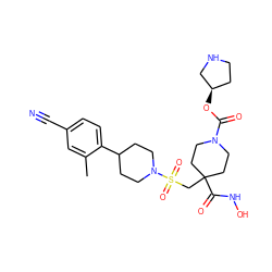 Cc1cc(C#N)ccc1C1CCN(S(=O)(=O)CC2(C(=O)NO)CCN(C(=O)O[C@@H]3CCNC3)CC2)CC1 ZINC000029040137