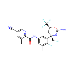 Cc1cc(C#N)cnc1C(=O)Nc1cc(C)c(F)c([C@]2(CF)C[C@@H](C(F)(F)F)OC(N)=N2)c1 ZINC000223575873