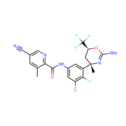 Cc1cc(C#N)cnc1C(=O)Nc1cc(Cl)c(F)c([C@]2(C)C[C@@H](C(F)(F)F)OC(N)=N2)c1 ZINC000223558820