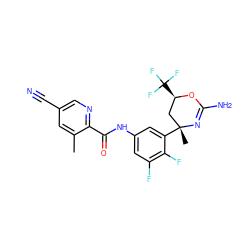 Cc1cc(C#N)cnc1C(=O)Nc1cc(F)c(F)c([C@]2(C)C[C@@H](C(F)(F)F)OC(N)=N2)c1 ZINC000221203234