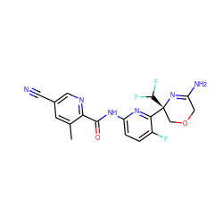 Cc1cc(C#N)cnc1C(=O)Nc1ccc(F)c([C@@]2(C(F)F)COCC(N)=N2)n1 ZINC000167590648