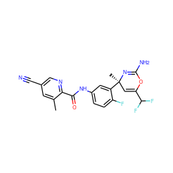 Cc1cc(C#N)cnc1C(=O)Nc1ccc(F)c([C@]2(C)C=C(C(F)F)OC(N)=N2)c1 ZINC000148091528