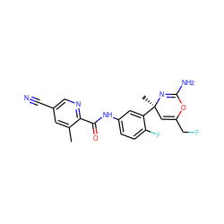 Cc1cc(C#N)cnc1C(=O)Nc1ccc(F)c([C@]2(C)C=C(CF)OC(N)=N2)c1 ZINC000147605137