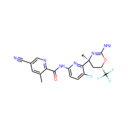 Cc1cc(C#N)cnc1C(=O)Nc1ccc(F)c([C@]2(C)C[C@@H](C(F)(F)F)OC(N)=N2)n1 ZINC000220533899