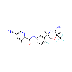 Cc1cc(C#N)cnc1C(=O)Nc1ccc(F)c([C@]2(C)CO[C@@](C)(C(F)(F)F)C(N)=N2)c1 ZINC000113655524