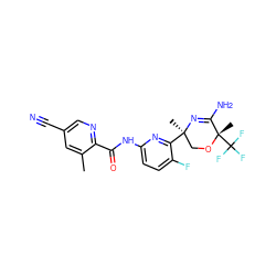 Cc1cc(C#N)cnc1C(=O)Nc1ccc(F)c([C@]2(C)CO[C@@](C)(C(F)(F)F)C(N)=N2)n1 ZINC000167675182