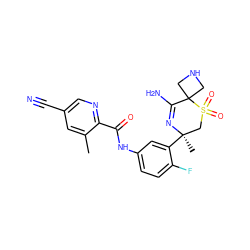 Cc1cc(C#N)cnc1C(=O)Nc1ccc(F)c([C@]2(C)CS(=O)(=O)C3(CNC3)C(N)=N2)c1 ZINC000214162124