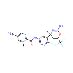 Cc1cc(C#N)cnc1C(=O)Nc1cnc(F)c([C@]2(C)C[C@@H](C(F)(F)F)OC(N)=N2)c1 ZINC000221123390