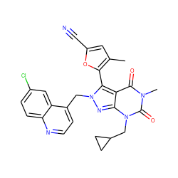 Cc1cc(C#N)oc1-c1c2c(=O)n(C)c(=O)n(CC3CC3)c2nn1Cc1ccnc2ccc(Cl)cc12 ZINC000084731408