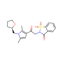 Cc1cc(C(=O)CN2C(=O)c3ccccc3S2(=O)=O)c(C)n1C[C@H]1CCCO1 ZINC000002662243