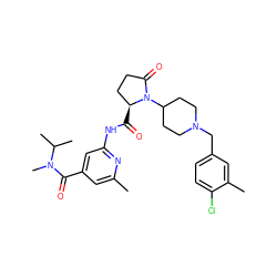 Cc1cc(C(=O)N(C)C(C)C)cc(NC(=O)[C@H]2CCC(=O)N2C2CCN(Cc3ccc(Cl)c(C)c3)CC2)n1 ZINC000116815478