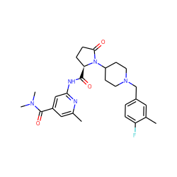 Cc1cc(C(=O)N(C)C)cc(NC(=O)[C@H]2CCC(=O)N2C2CCN(Cc3ccc(F)c(C)c3)CC2)n1 ZINC000143136986