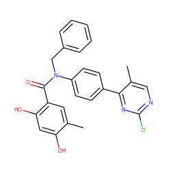 Cc1cc(C(=O)N(Cc2ccccc2)c2ccc(-c3nc(Cl)ncc3C)cc2)c(O)cc1O ZINC000653748773