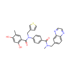 Cc1cc(C(=O)N(Cc2ccsc2)c2ccc(C(=O)N(C)Cc3ccc4nccnc4c3)cc2)c(O)cc1O ZINC000653768463