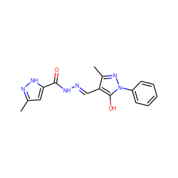 Cc1cc(C(=O)N/N=C/c2c(C)nn(-c3ccccc3)c2O)[nH]n1 ZINC000005625895