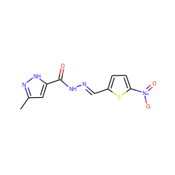 Cc1cc(C(=O)N/N=C/c2ccc([N+](=O)[O-])s2)[nH]n1 ZINC000018240563