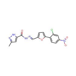 Cc1cc(C(=O)N/N=C/c2ccc(-c3ccc([N+](=O)[O-])cc3Cl)o2)[nH]n1 ZINC000004870694