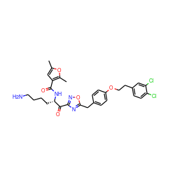 Cc1cc(C(=O)N[C@@H](CCCCN)C(=O)c2noc(Cc3ccc(OCCc4ccc(Cl)c(Cl)c4)cc3)n2)c(C)o1 ZINC000042963513