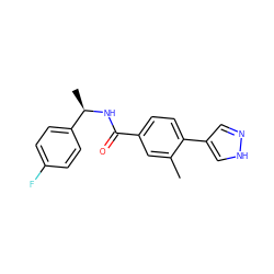 Cc1cc(C(=O)N[C@H](C)c2ccc(F)cc2)ccc1-c1cn[nH]c1 ZINC001772586676