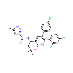 Cc1cc(C(=O)N[C@H]2CC(C)(C)Oc3nc(-c4ccc(Cl)cc4Cl)c(-c4ccc(Cl)cc4)cc32)n[nH]1 ZINC000049802897