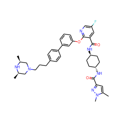 Cc1cc(C(=O)N[C@H]2CC[C@H](NC(=O)c3cc(F)cnc3Oc3cccc(-c4ccc(CCCN5C[C@H](C)N[C@H](C)C5)cc4)c3)CC2)nn1C ZINC000163639863