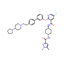 Cc1cc(C(=O)N[C@H]2CC[C@H](NC(=O)c3cc(F)cnc3Oc3cccc(-c4ccc(CCN5CCC(N6CCCC6)CC5)cc4)c3)CC2)nn1C ZINC000167928913