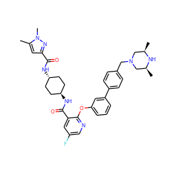 Cc1cc(C(=O)N[C@H]2CC[C@H](NC(=O)c3cc(F)cnc3Oc3cccc(-c4ccc(CN5C[C@H](C)N[C@H](C)C5)cc4)c3)CC2)nn1C ZINC000163632848